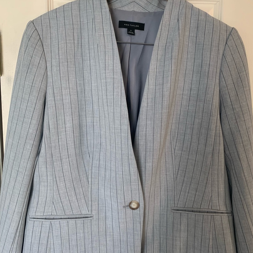 Ann Taylor light grey with black pin strip single button suit size 12